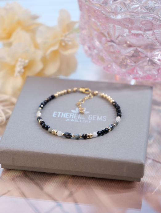 3mm Gemstone Bracelet, Black Tourmaline Moonstone Eagle Eye Bracelet, Dainty gemstone bracelet, Stacking bracelet, Black white bracelet