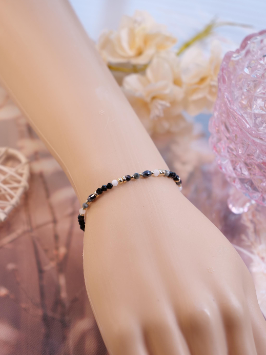 3mm Gemstone Bracelet, Black Tourmaline Moonstone Eagle Eye Bracelet, Dainty gemstone bracelet, Stacking bracelet, Black white bracelet