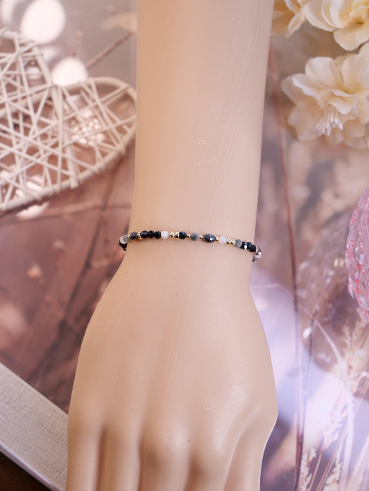 3mm Gemstone Bracelet, Black Tourmaline Moonstone Eagle Eye Bracelet, Dainty gemstone bracelet, Stacking bracelet, Black white bracelet