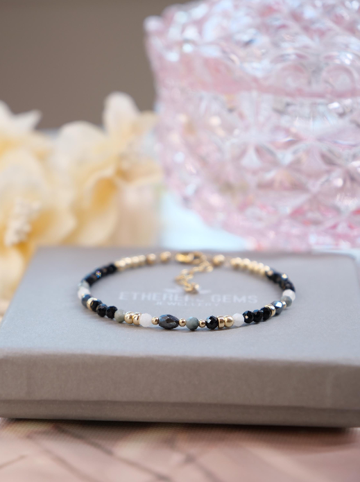 3mm Gemstone Bracelet, Black Tourmaline Moonstone Eagle Eye Bracelet, Dainty gemstone bracelet, Stacking bracelet, Black white bracelet