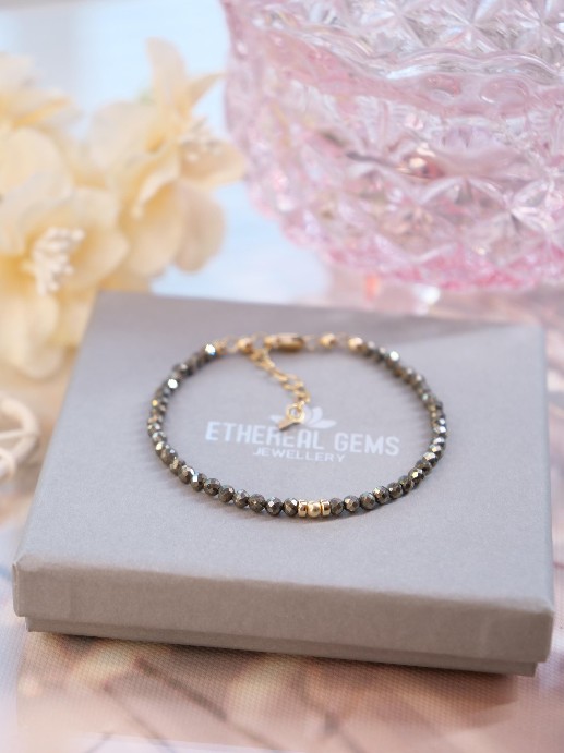 3mm Tiny Pyrite Gemstone Bracelet, Dainty gemstone bracelet, Statement bracelet, Stacking bracelet, Pyrite bracelet, Vintage bracelet