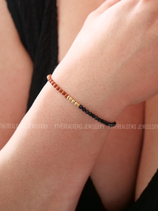 Goldstone bracelet, 3mm tiny sandstone bracelet, Half half bracelet, Unique bracelet, Statement jewellery, Stacking bracelet, Gift for her
