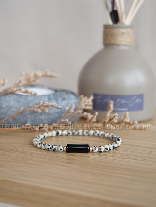 Dalmatian Jasper 4mm Beaded Natural Gemstone Elastic Bracelet, Genuine Top Grade Gift Jewelry, Men  Women Fashion Crystal Energy Jewellery