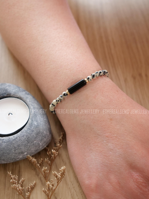 Dalmatian Jasper 4mm Beaded Natural Gemstone Elastic Bracelet, Genuine Top Grade Gift Jewelry, Men Women Fashion Crystal Energy Jewellery