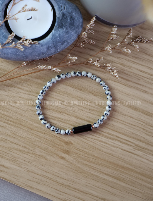 Dalmatian Jasper 4mm Beaded Natural Gemstone Elastic Bracelet, Genuine Top Grade Gift Jewelry, Men Women Fashion Crystal Energy Jewellery