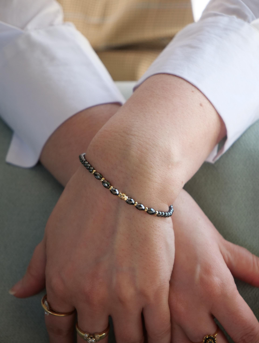 Hematite 3mm Beaded Natural Gemstone Sterling Silver/14ct Gold Filled Elastic Bracelet, Genuine Top Grade Gift Jewelry, Women Jewellery