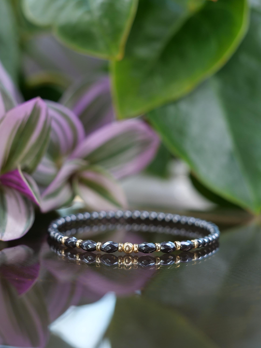 Hematite 3mm Beaded Natural Gemstone Sterling Silver/14ct Gold Filled Elastic Bracelet, Genuine Top Grade Gift Jewelry, Women Jewellery