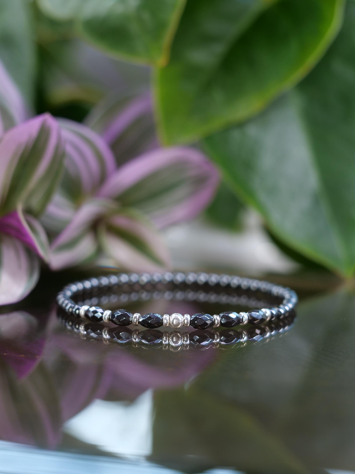 Hematite 3mm Beaded Natural Gemstone Sterling Silver/14ct Gold Filled Elastic Bracelet, Genuine Top Grade Gift Jewelry, Women Jewellery