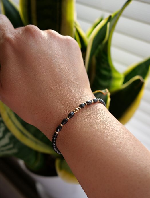Hematite 3mm Beaded Natural Gemstone Sterling Silver/14ct Gold Filled Elastic Bracelet, Genuine Top Grade Gift Jewelry, Women Jewellery