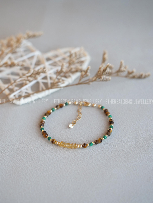 3-4mm Tiger's Eye Malachite Citrine  Beaded Natural Mix Gemstone Sterling Silver / 14ct Gold Filled Elastic Bracelet, Multicolour bracelet