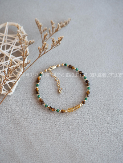 3-4mm Tiger's Eye Malachite Citrine Beaded Natural Mix Gemstone Sterling Silver / 14ct Gold Filled Elastic Bracelet, Multicolour bracelet