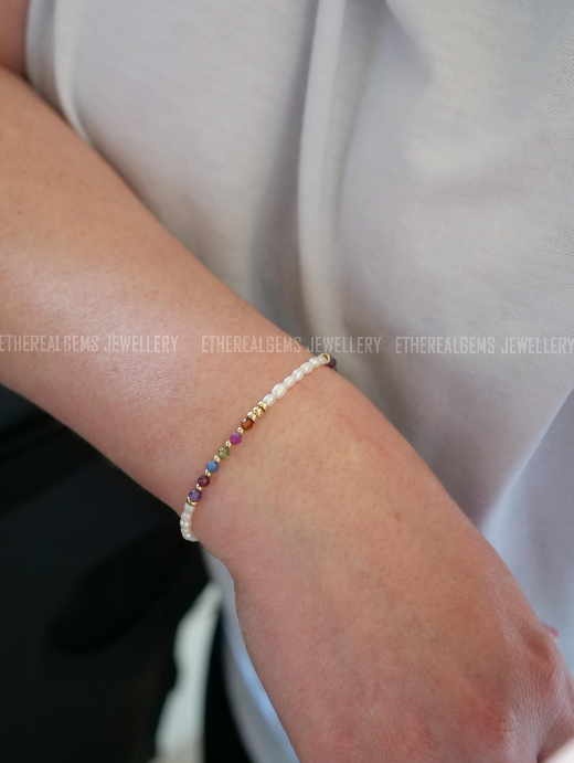 Tiny Freshwater Pearl bracelet, Gemstone Bracelet, Half half bracelet, Multicolour bracelet, Dainty bracelet, Statement bracelet, Gift