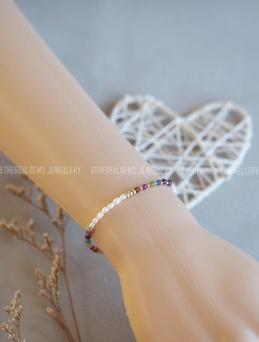 Tiny Freshwater Pearl bracelet, Gemstone Bracelet, Half half bracelet, Multicolour bracelet, Dainty bracelet, Statement bracelet, Gift