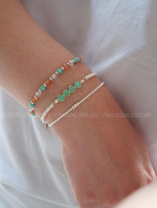 Chrysoprase Sterling Silver 3mm Bracelet, Stacking bracelet, Sterling Silver Elastic Bracelet, Minimalist bracelet, Statement bracelet