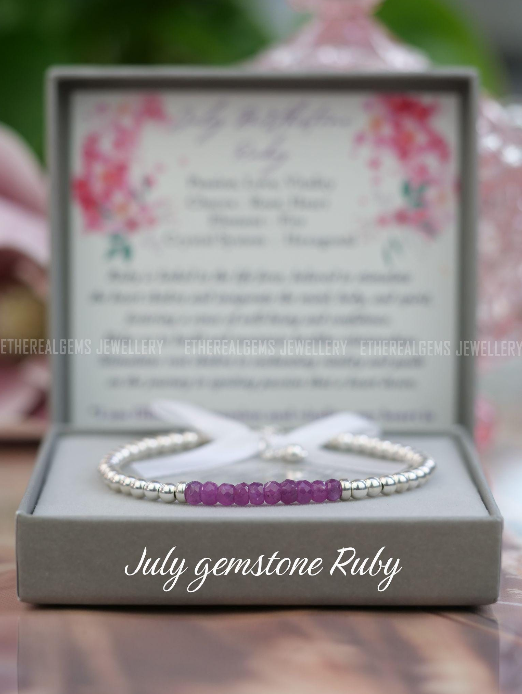 4mm Ruby Star Beaded Natural Gemstone Sterling Bracelet, July birthstone, Gift for her, Birthday gift,  Genuine Top Grade Gift Jewellery