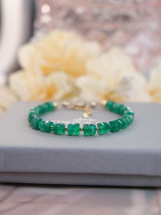Green Onyx 5 mm Beaded Natural Gemstone Sterling Silver / 14ct Gold Filled Elastic Bracelet, Genuine Top Grade Gift Jewellery, Women Jewelry