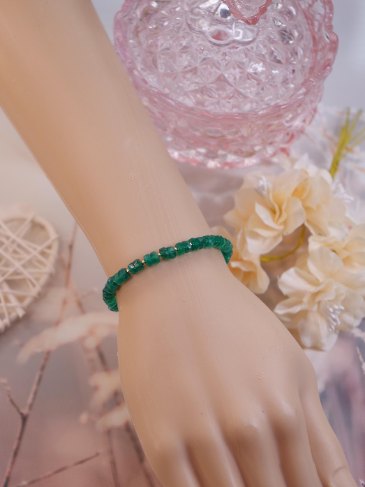 Green Onyx 5 mm Beaded Natural Gemstone Sterling Silver / 14ct Gold Filled Elastic Bracelet, Genuine Top Grade Gift Jewellery, Women Jewelry