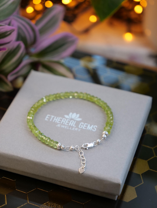 Peridot 5 mm Beaded Natural Gemstone Sterling Silver / 14ct Gold Filled Elastic Bracelet, Genuine Top Grade Gift Jewellery,August Birthstone