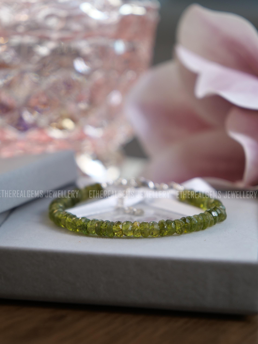 Vesuvianite 5mm Beaded Natural Gemstone Sterling Silver / 14ct Gold Filled Elastic Bracelet, Genuine Top Grade Gift Jewellery, Women Jewelry