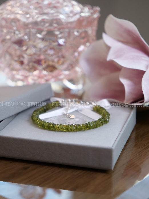 Vesuvianite 5mm Beaded Natural Gemstone Sterling Silver / 14ct Gold Filled Elastic Bracelet, Genuine Top Grade Gift Jewellery, Women Jewelry