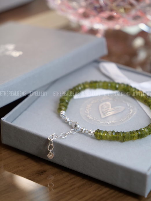 Vesuvianite 5mm Beaded Natural Gemstone Sterling Silver / 14ct Gold Filled Elastic Bracelet, Genuine Top Grade Gift Jewellery, Women Jewelry