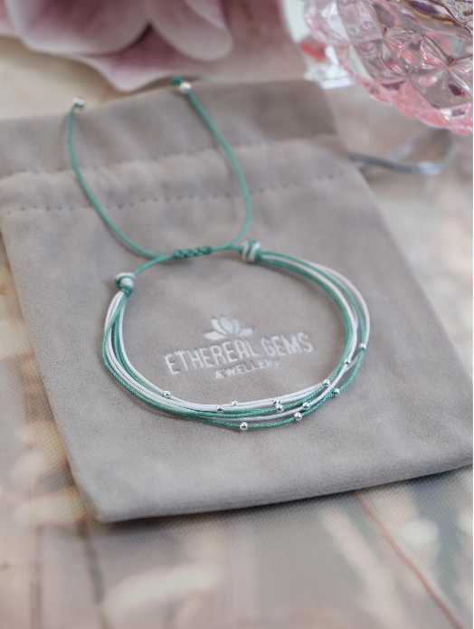 Multistrand cord bracelet, White green bracelet, Wristband, Sterling silver bracelet, Thread Strand Stacking Wristband, Beach bracelet