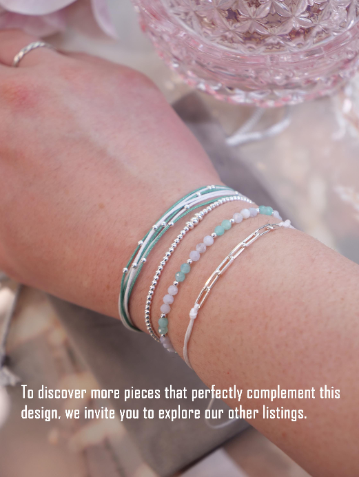 Multistrand cord bracelet, White green bracelet, Wristband, Sterling silver bracelet, Thread Strand Stacking Wristband, Beach bracelet