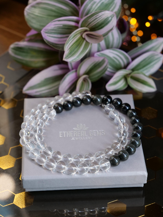 Clear Quartz Black Obsidian 8mm Beaded Natural Gemstone Sterling Silver Necklace, Genuine Top Grade Gift Jewelry,Women Men Fashion Jewellery