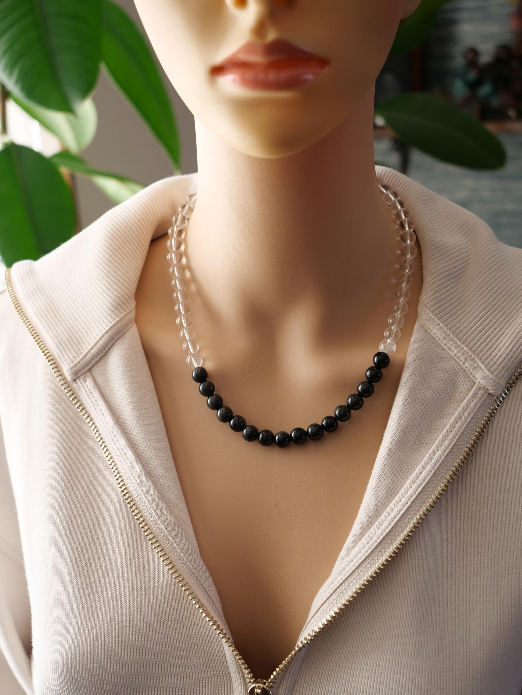 Clear Quartz Black Obsidian 8mm Beaded Natural Gemstone Sterling Silver Necklace, Genuine Top Grade Gift Jewelry,Women Men Fashion Jewellery
