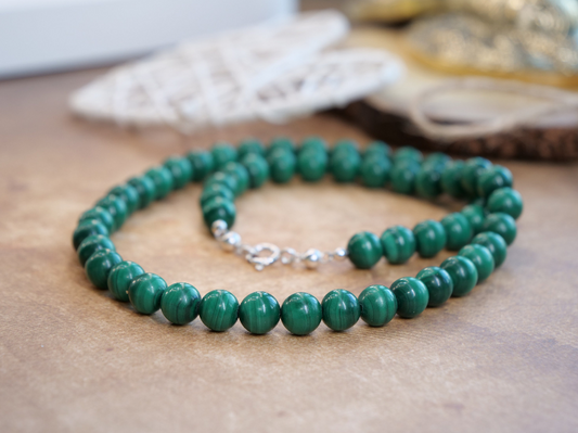 Malachite 8mm Beaded Natural Gemstone Sterling Silver Necklace, Genuine Top Grade Gift Jewelry, Women Men Fashion Crystal Energy Jewellery