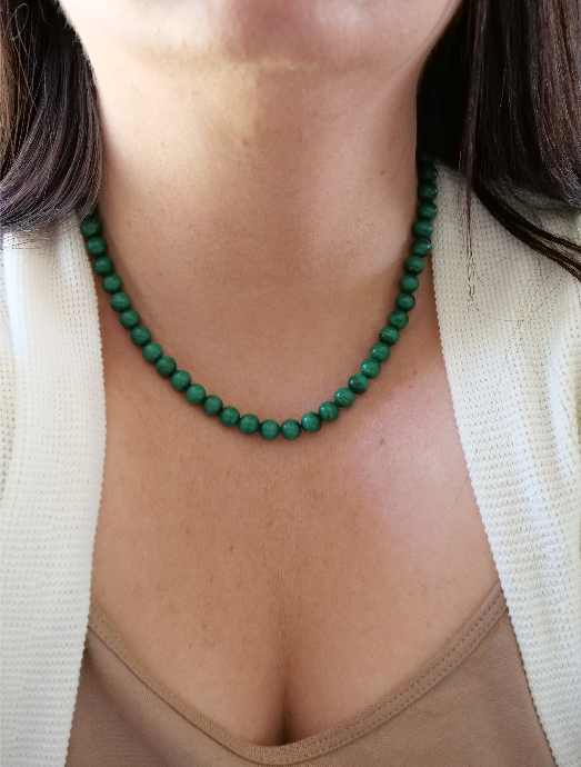 Malachite 8mm Beaded Natural Gemstone Sterling Silver Necklace, Genuine Top Grade Gift Jewelry, Women Men Fashion Crystal Energy Jewellery