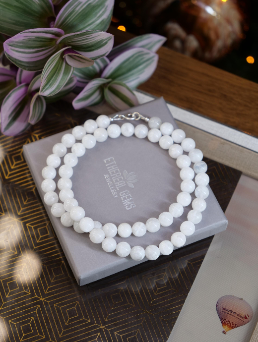 Moonstone 8mm Beaded Natural Gemstone Sterling Silver Necklace, Genuine Top Grade Gift Jewelry, Women Men Fashion Crystal Jewellery