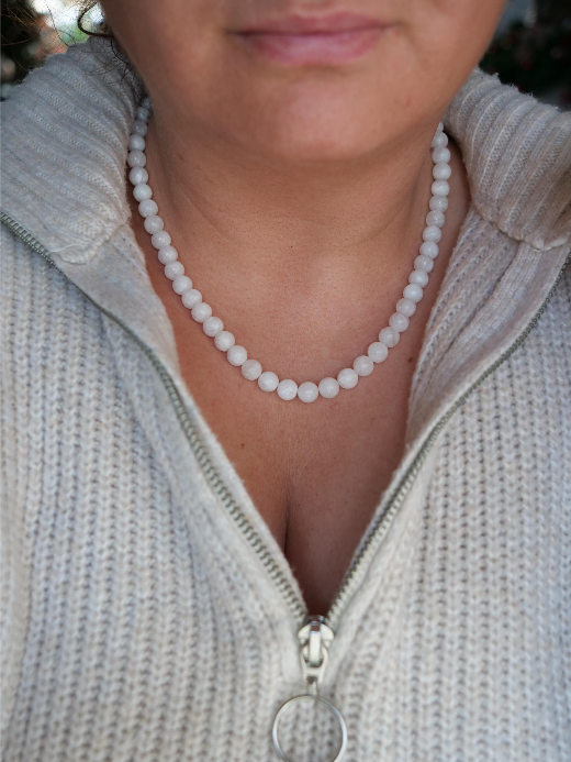 Moonstone 8mm Beaded Natural Gemstone Sterling Silver Necklace, Genuine Top Grade Gift Jewelry, Women Men Fashion Crystal Jewellery