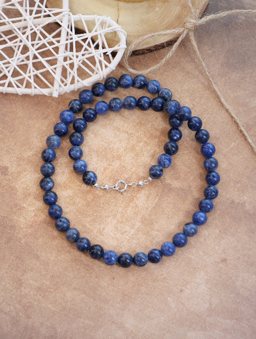 Sodalite 8mm Beaded Natural Gemstone Sterling Silver Necklace, Genuine Top Grade Gift Jewelry, Women Men Fashion Crystal Energy Jewellery