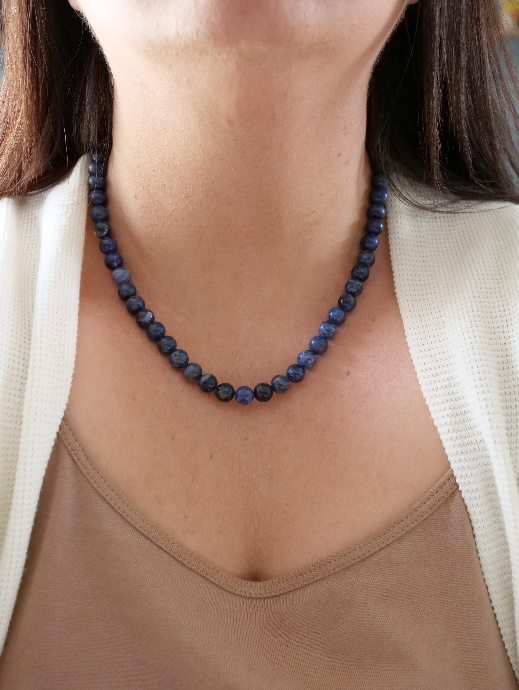 Sodalite 8mm Beaded Natural Gemstone Sterling Silver Necklace, Genuine Top Grade Gift Jewelry, Women Men Fashion Crystal Energy Jewellery