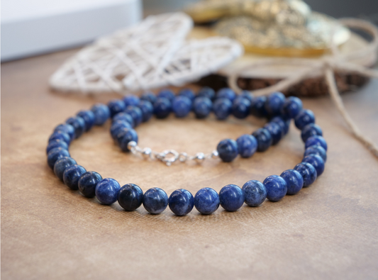 Sodalite 8mm Beaded Natural Gemstone Sterling Silver Necklace, Genuine Top Grade Gift Jewelry, Women Men Fashion Crystal Energy Jewellery