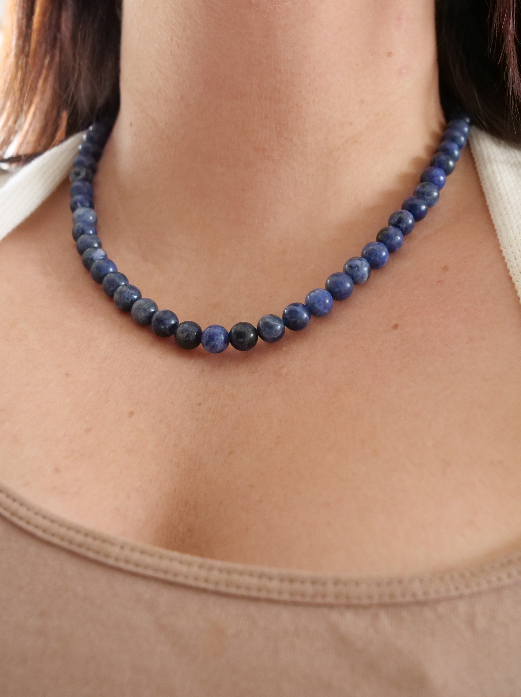 Sodalite 8mm Beaded Natural Gemstone Sterling Silver Necklace, Genuine Top Grade Gift Jewelry, Women Men Fashion Crystal Energy Jewellery