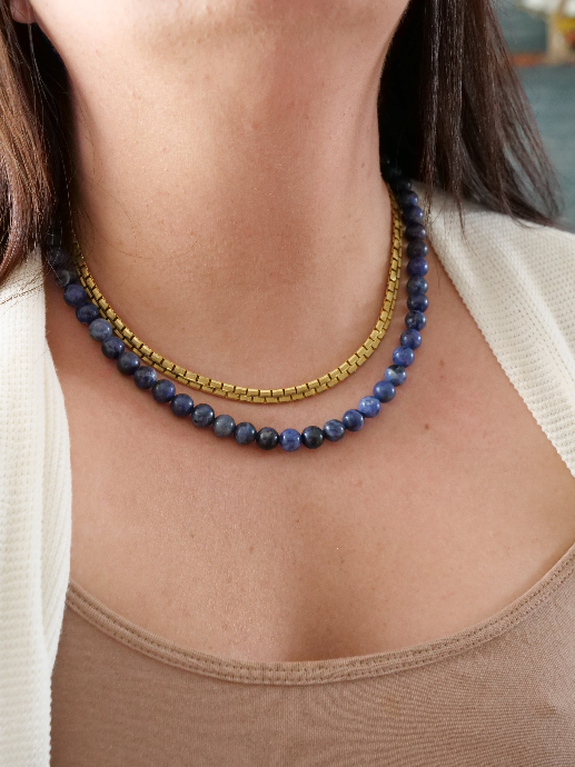 Sodalite 8mm Beaded Natural Gemstone Sterling Silver Necklace, Genuine Top Grade Gift Jewelry, Women Men Fashion Crystal Energy Jewellery
