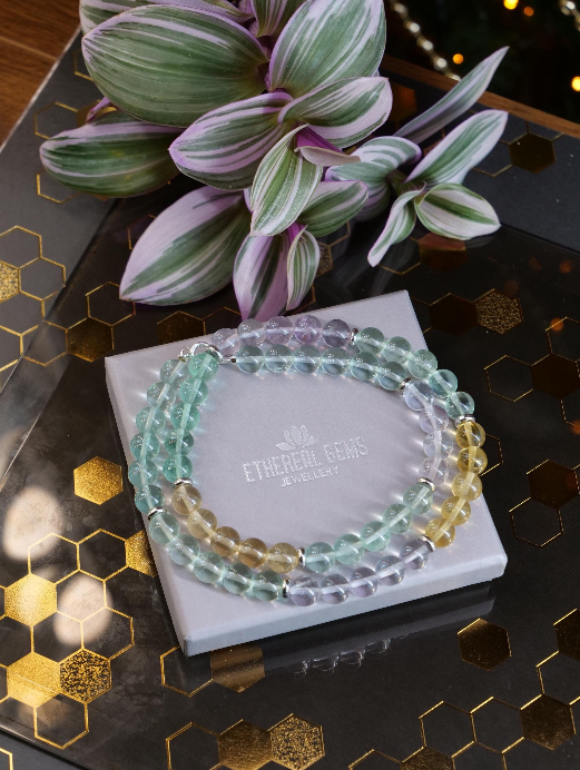 Multicolour Fluorite 8mm Beaded Natural Gemstone Sterling Silver Necklace, Genuine Top Grade Gift Jewelry, Women Men Fashion Jewellery