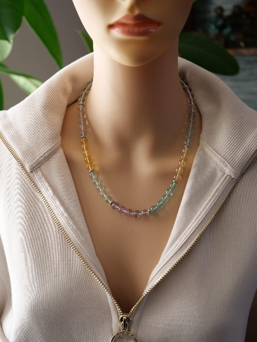 Multicolour Fluorite 8mm Beaded Natural Gemstone Sterling Silver Necklace, Genuine Top Grade Gift Jewelry, Women Men Fashion Jewellery