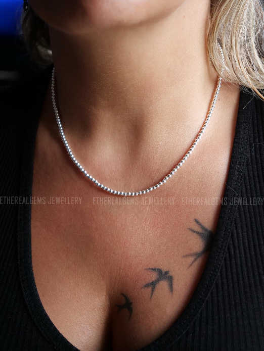 3mm Sterling Silver Beaded Necklace, Layering Necklace, Ball Bead Chain Necklace, Silver jewellery, Gift for her, Solid 925 Sterling Silver