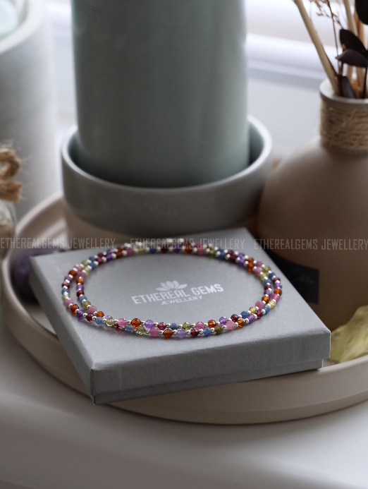 3mm Tiny Gemstone Necklace, Sapphire Amethyst Tourmaline Garnet Necklace, Beaded multicolour gemstone necklace, Mix gemstone necklace, Gift