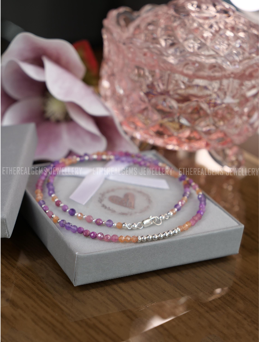 3mm Tiny Gemstone Necklace, Summer necklace, Pink Purple Orange Necklace, Pink Tourmaline Lepidolite Sunstone necklace, Love gemstone