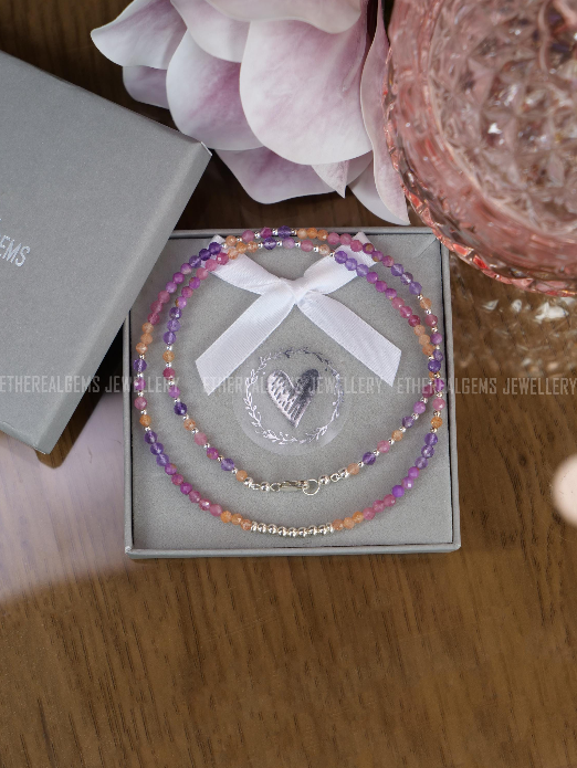 3mm Tiny Gemstone Necklace, Summer necklace, Pink Purple Orange Necklace, Pink Tourmaline Lepidolite Sunstone necklace, Love gemstone