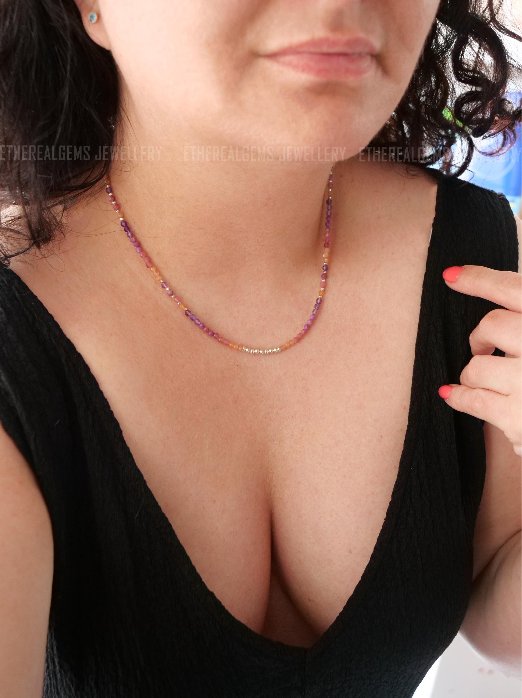 3mm Tiny Gemstone Necklace, Summer necklace, Pink Purple Orange Necklace, Pink Tourmaline Lepidolite Sunstone necklace, Love gemstone