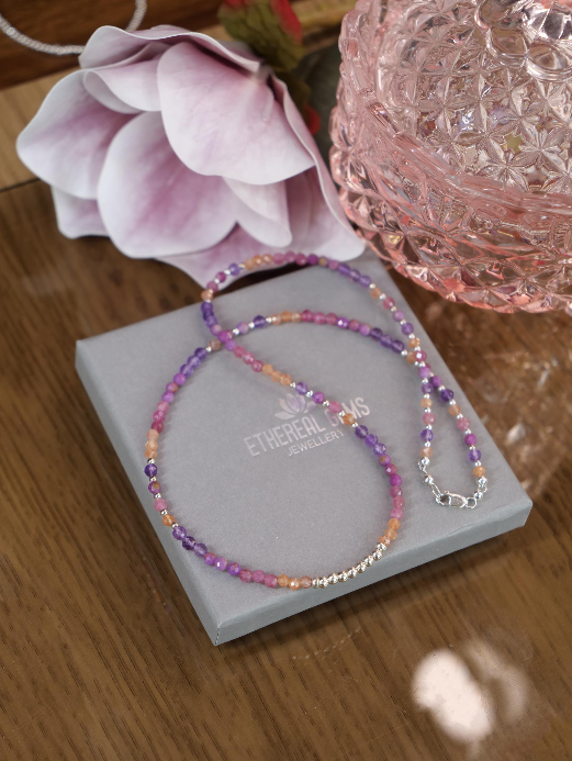 3mm Tiny Gemstone Necklace, Summer necklace, Pink Purple Orange Necklace, Pink Tourmaline Lepidolite Sunstone necklace, Love gemstone