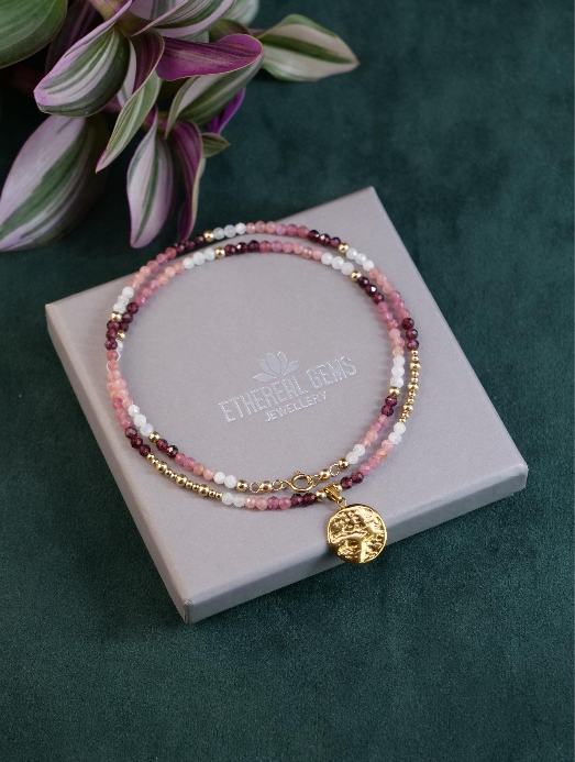 Garnet Tourmaline Rhodochrosite Moonstone Necklace, Beaded gemstone necklace, Mix gemstone necklace, Pink Ombre necklace, Love gemstone