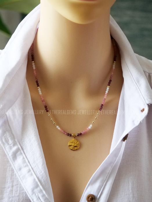 Garnet Tourmaline Rhodochrosite Moonstone Necklace, Beaded gemstone necklace, Mix gemstone necklace, Pink Ombre necklace, Love gemstone