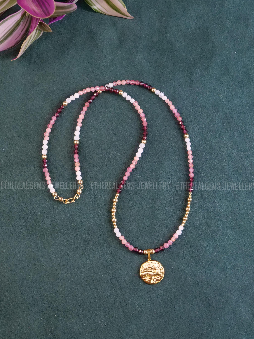 Garnet Tourmaline Rhodochrosite Moonstone Necklace, Beaded gemstone necklace, Mix gemstone necklace, Pink Ombre necklace, Love gemstone