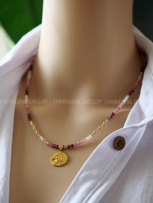 Garnet Tourmaline Rhodochrosite Moonstone Necklace, Beaded gemstone necklace, Mix gemstone necklace, Pink Ombre necklace, Love gemstone